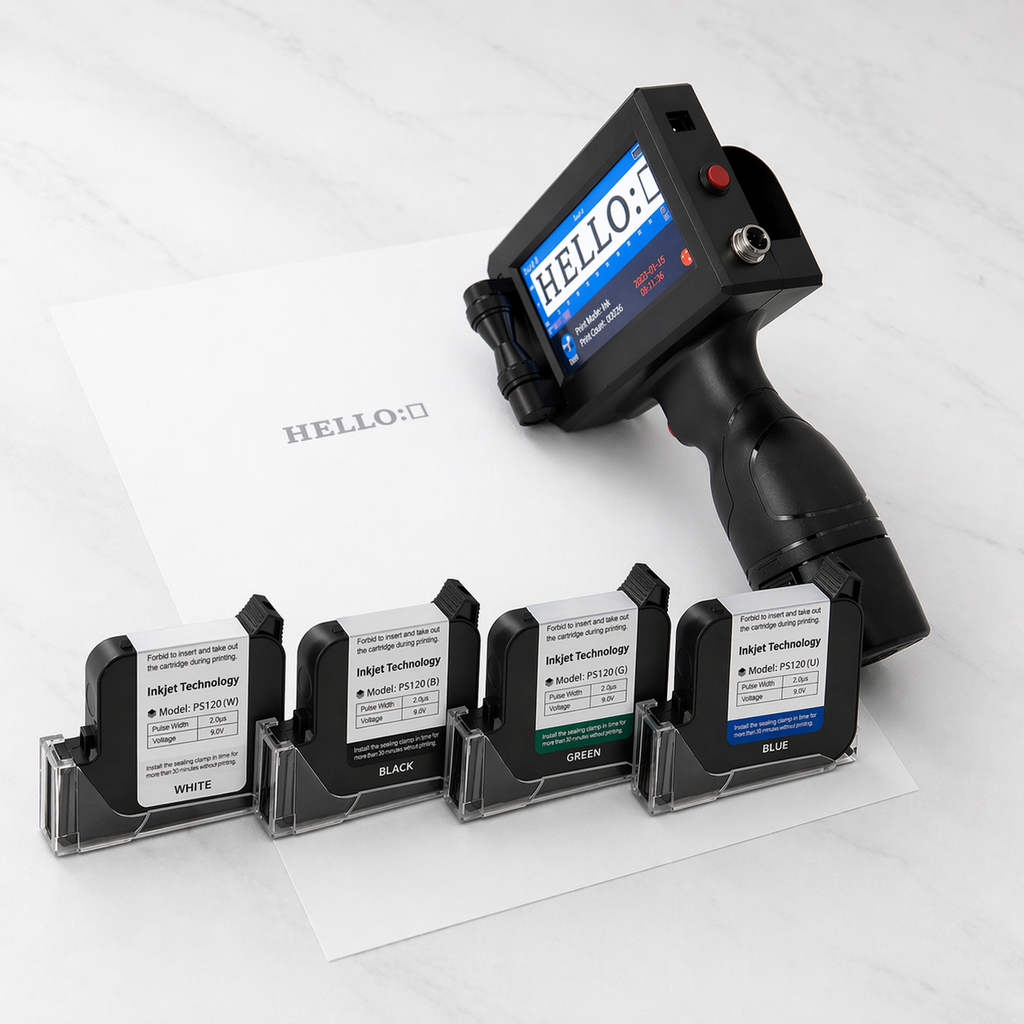 handheld inkjet printer for small business packaging UK with white, black, green and blue ink catridge 