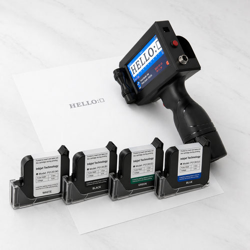 handheld inkjet printer for small business packaging UK with white, black, green and blue ink catridge 