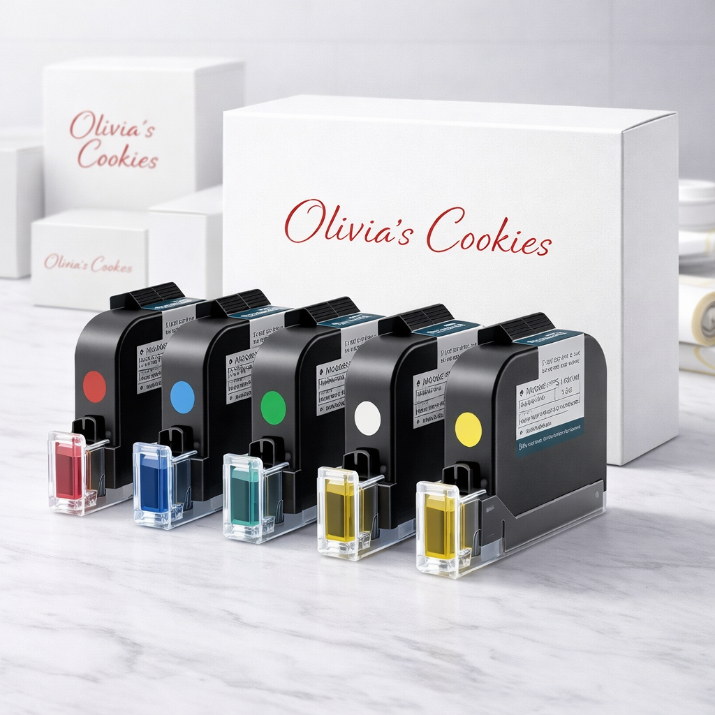 PrintyPocket ink cartridges in red blue green white yellow with branded packaging box printed with Olivia's Cookies