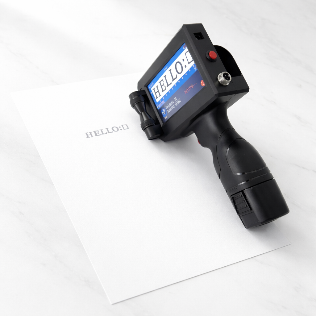 PrintyPocket handheld inkjet printer printing hello on paper  portable branding printer for small businesses