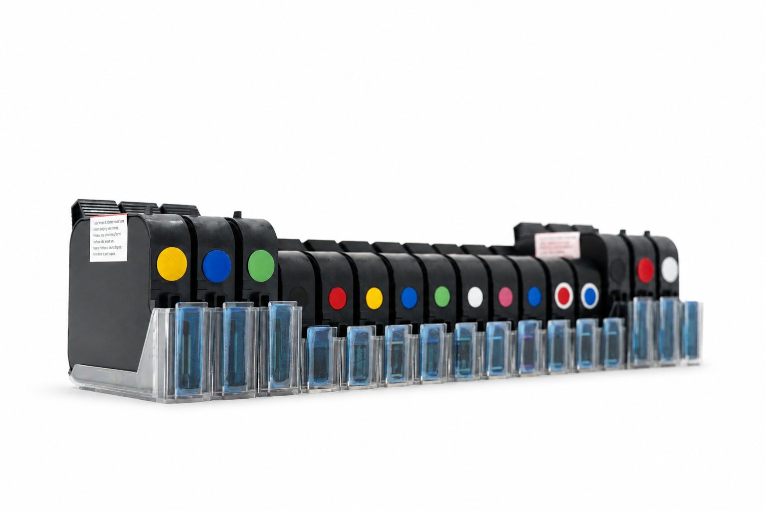 Set of ink cartridges with color-coded dots on a white background