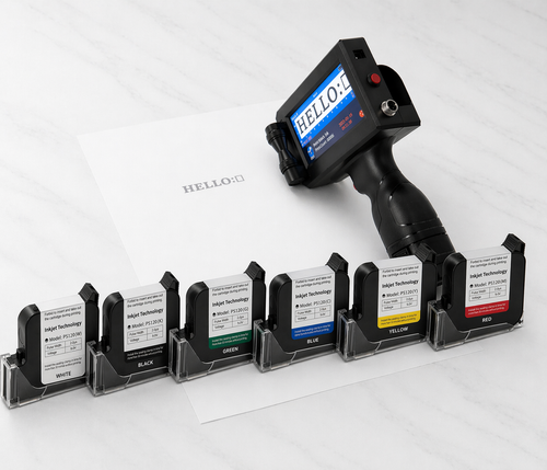 handheld inkjet printer for small business packaging UK with green, blue, yellow, red, white and black ink catridges