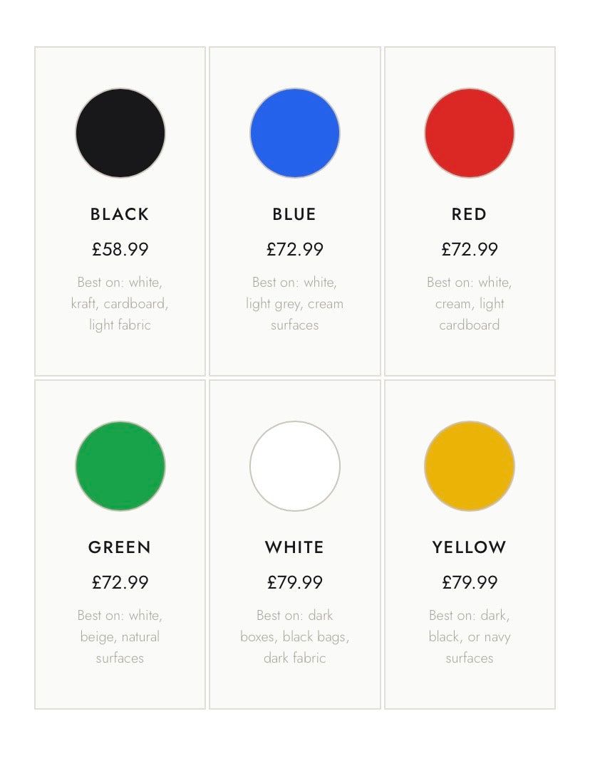 PrintyPocket ink cartridges color guide showing black, blue, red, green, white and yellow inks for different printing surfaces