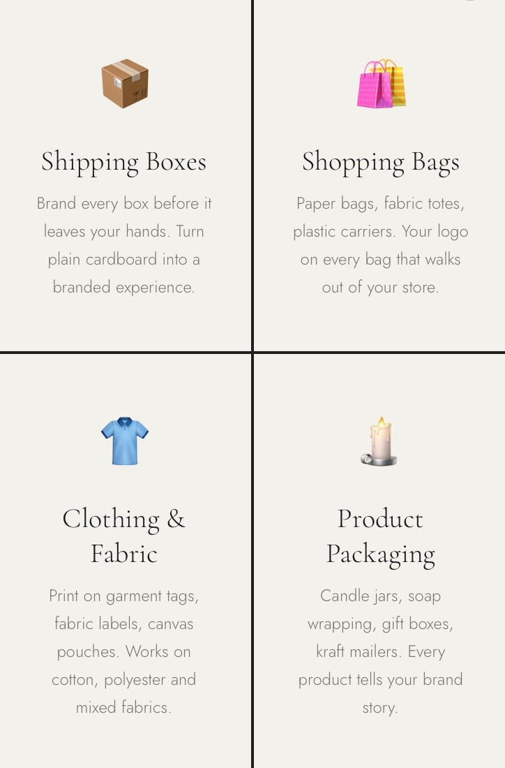 Small business uses of PrintyPocket printer on shipping boxes, shopping bags, clothing and product packaging