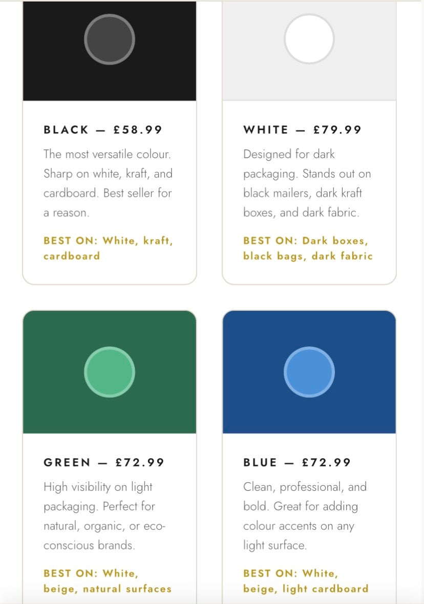 Color swatches with prices and usage tips on a white background