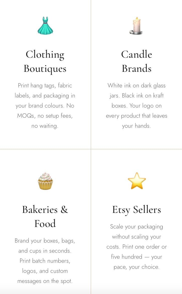 Promotional graphic for various branding services including clothing boutiques, candle brands, bakeries, and food items on Etsy.