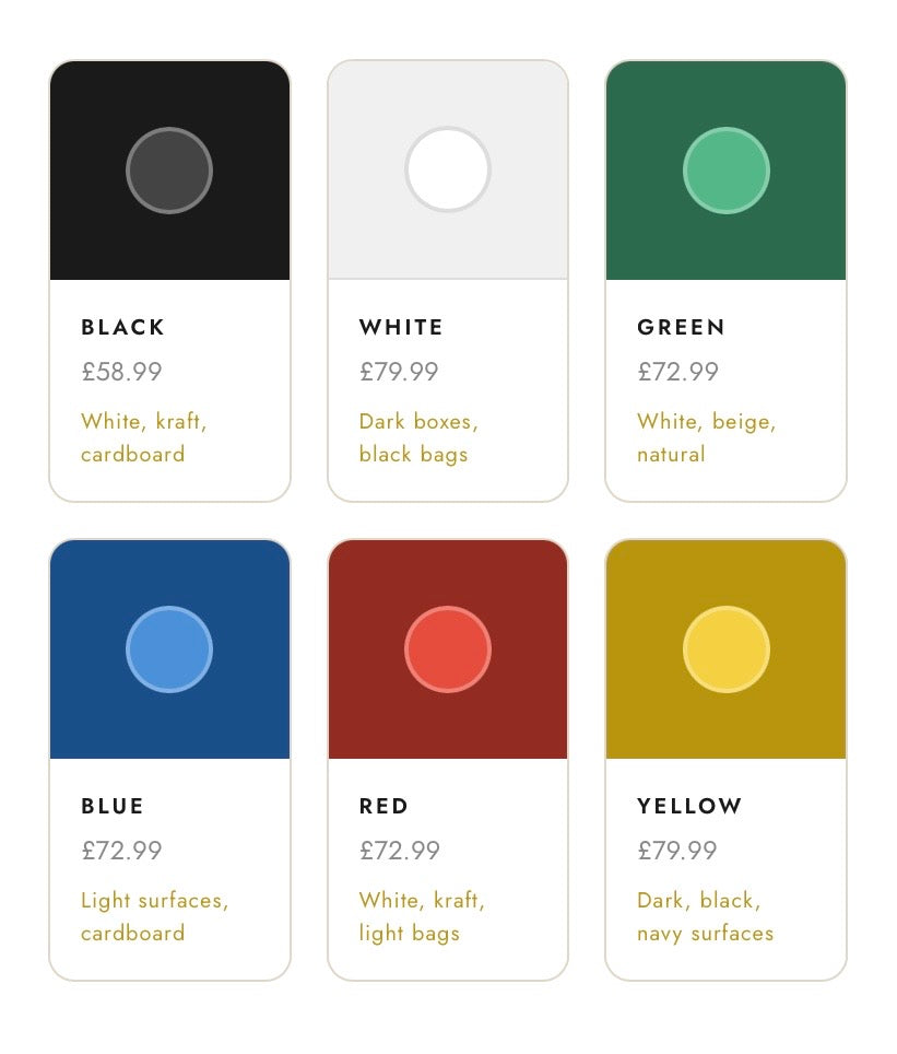 Color swatch cards with prices and color descriptions on a white background