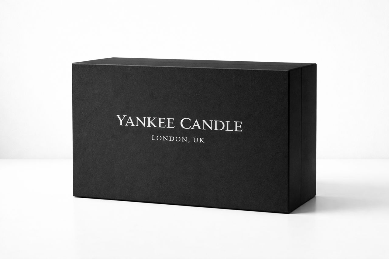 black rigid magnetic box printed with Yankee Candle London UK logo using handheld inkjet printer